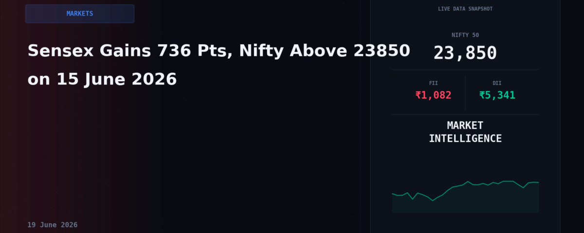 Sensex Gains 736 Pts, Nifty Above 23850 on 15 June 2026